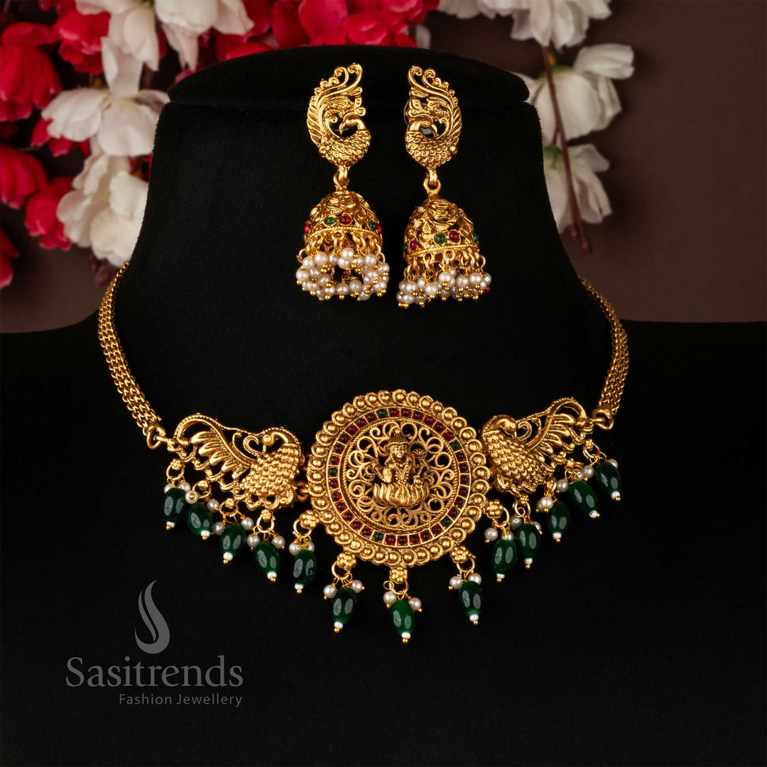 Divine Temple Choker Set with Lakshmi Pendant, Peacock Motifs, and Jhumka Earrings - Sasitrends