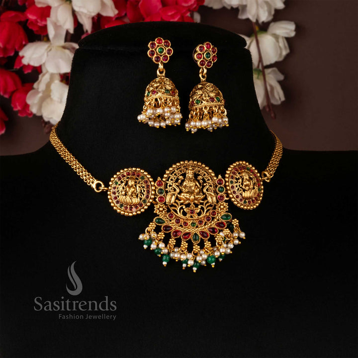 Divine Classic Matte Gold Lakshmi Temple Choker Set with Floral Jhumka Earrings Jewellery Set | Sasitrends