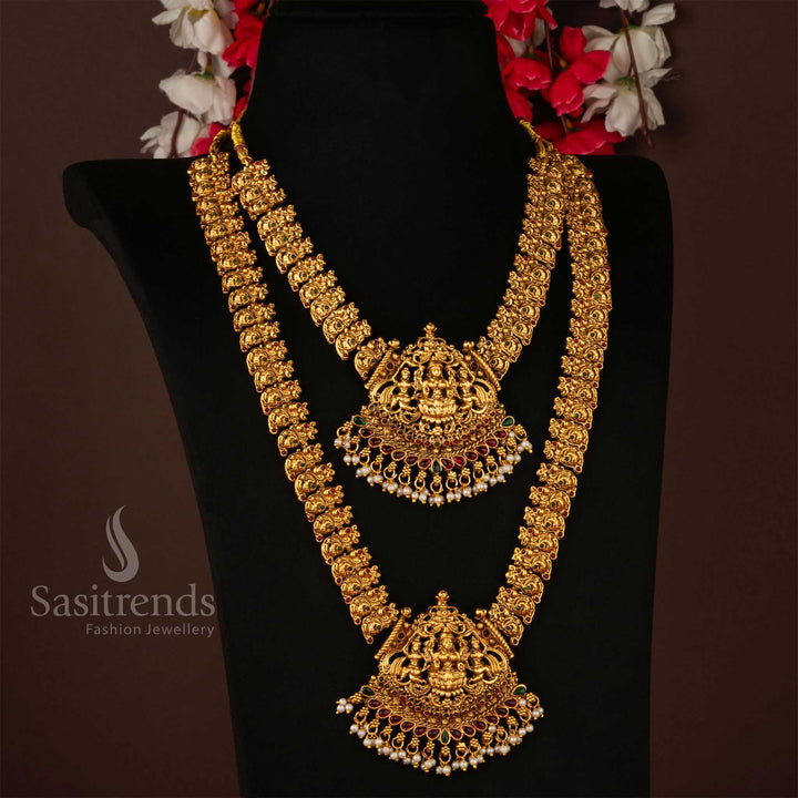 Classic Matte Gold Divine Lakshmi Motif Temple Combo Necklace Jewellery Set with Pearls | Sasitrends