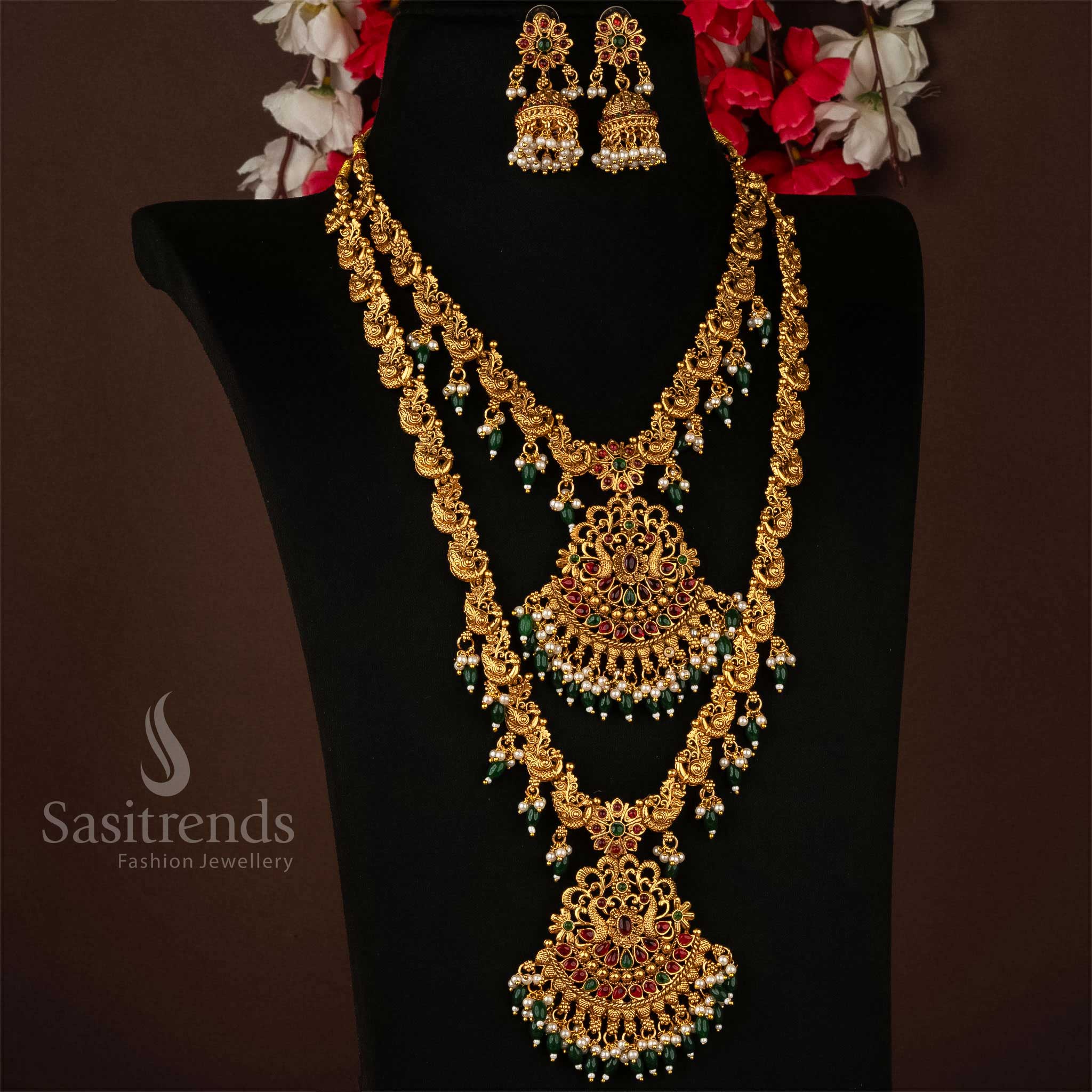 Temple Combo Jewellery Set with Peacock Motif Pendant, Pearls, and ZX Synthetic Stones - Sasitrends