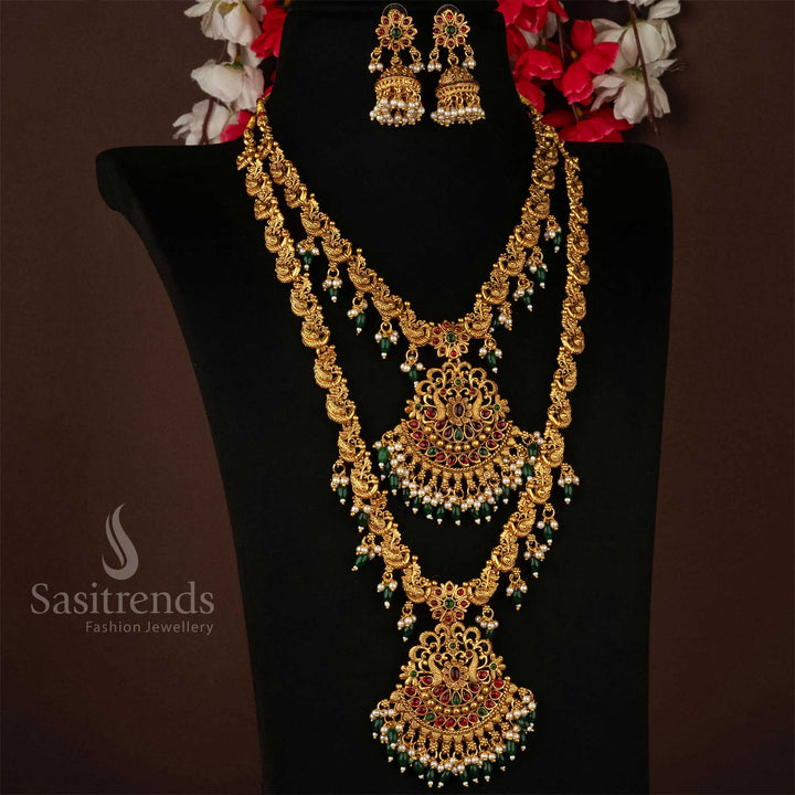 Classic Matte Gold Divine Peacock Motif Temple Combo Necklace Jewellery Set with Jhumka