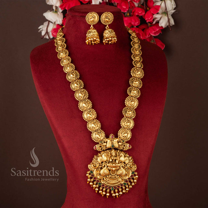 Classic Matte Gold Divine Lakshmi Pendant Long Necklace Jewellery Set with Jhumka Earrings