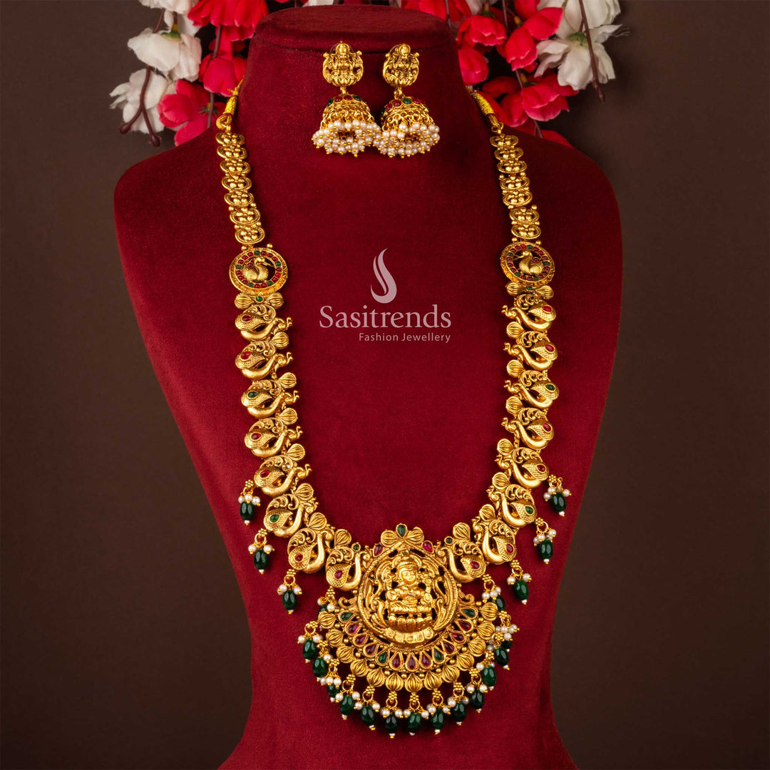 Lakshmi Temple Pendant Necklace Set with Peacock Jhumka - Luxurious Traditional Jewellery - Sasitrends