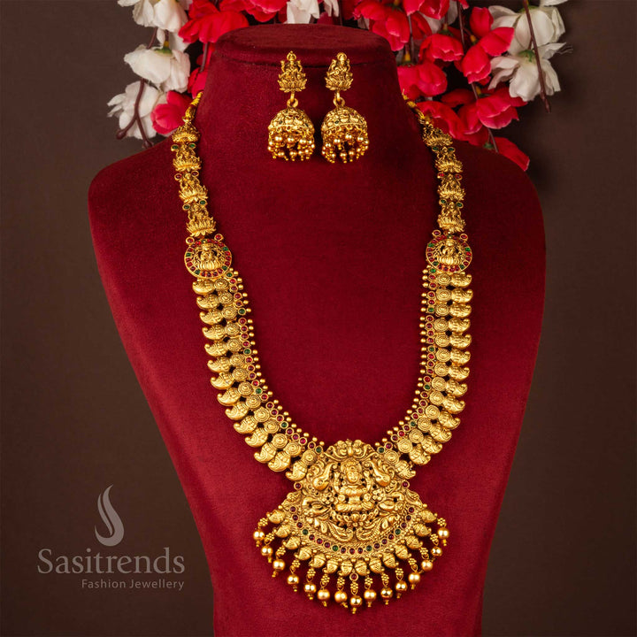 Sasitrends | Classic Matte Gold Elegant Lakshmi Pendant Long Necklace Jewellery Set with Jhumka Earrings