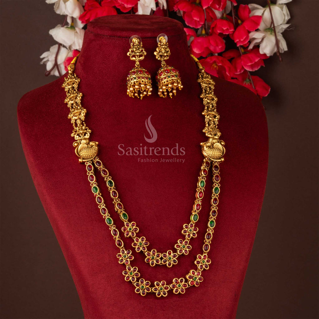 Divine classic matte gold Divine Lakshmi temple long necklace set featuring sacred motifs and complementary Jhumka jewellery, perfect for devotional and ceremonial occasions from Sasitrends