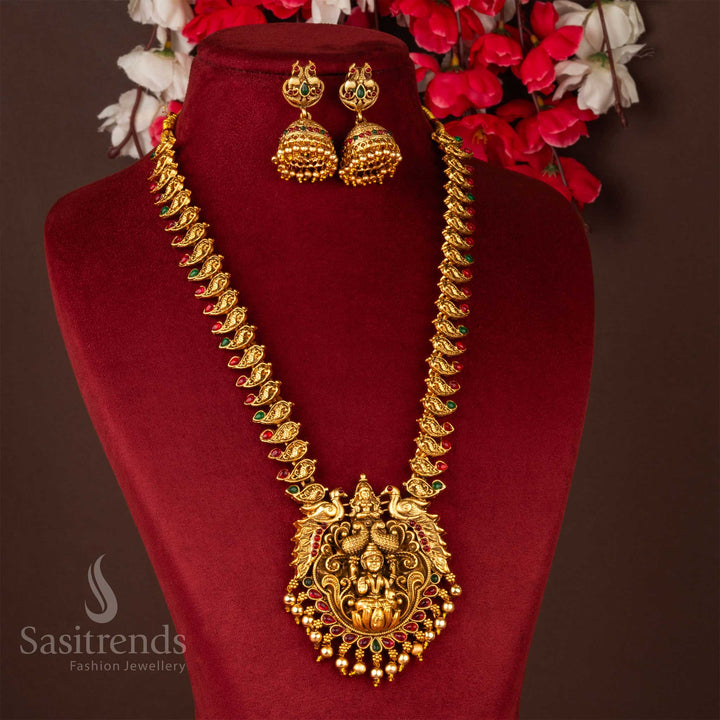 Classic Matte Gold Plated Traditional Temple Lakshmi Pendant Necklace Jewellery Set with Jhumka