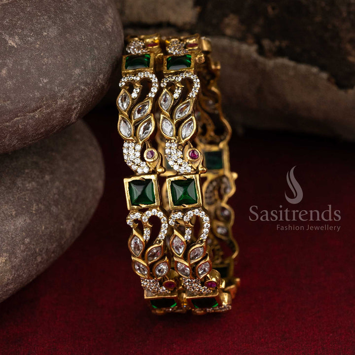 Sasitrends | Traditional Victorian Plated Bangles with Peacock Motifs and AD Stones