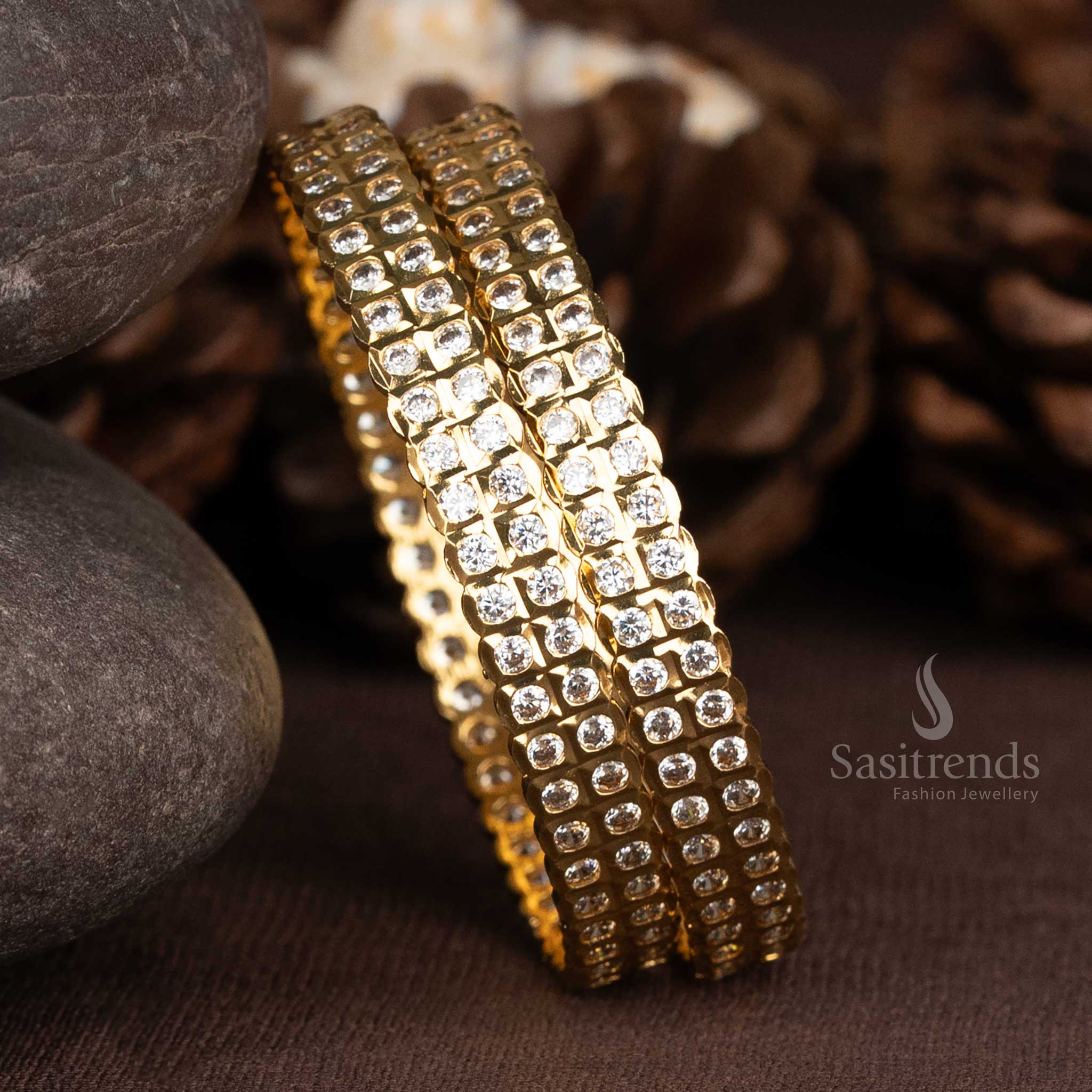 Traditional Micro Gold Plated White  American Diamond Stone Studded Bangles - Sasitrends