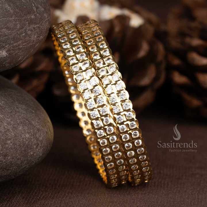 Traditional Micro Gold Plated White  American Diamond Stone Studded Bangles - Sasitrends