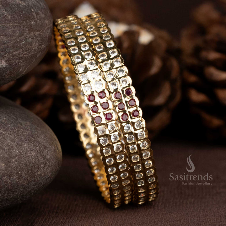 Traditional Micro Gold Plated White Ruby American Diamond Stone Studded Bangles - Sasitrends