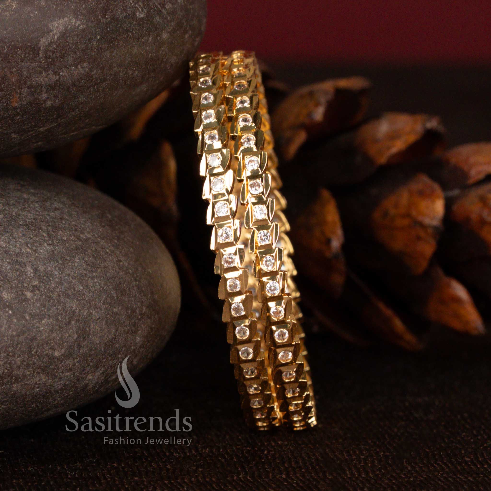 High-Quality Micro Gold Plated Bangles with Symmetrical Stone Work Using 24 Carat Pure Gold - Sasitrends