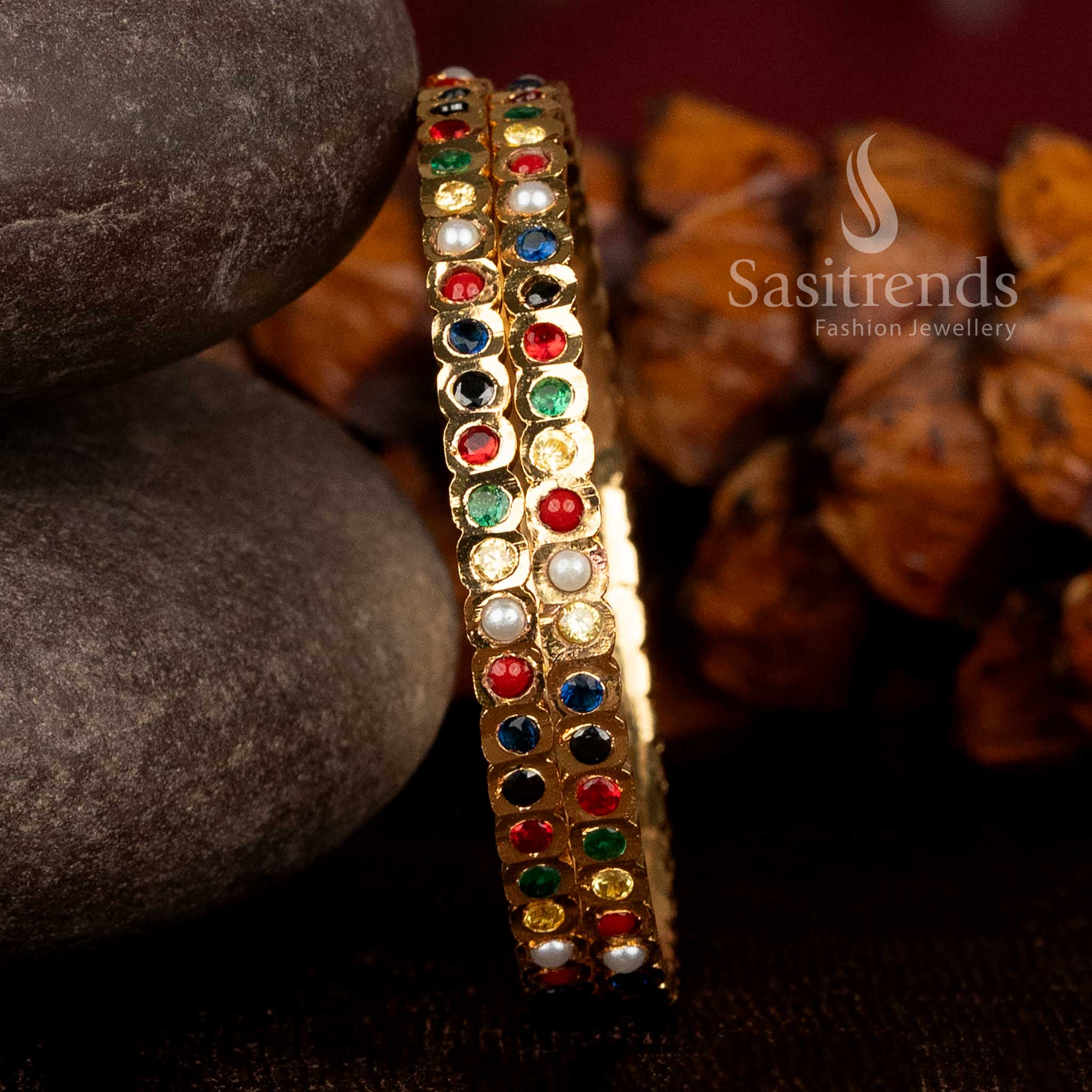 Traditional scalloped stone bangles for silk sarees and ethnic wear - Sasitrends