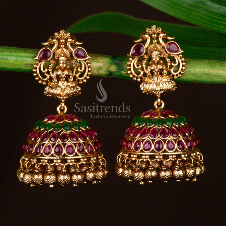 Exquisite Premium Temple Matte Gold Plated Peacock & Lakshmi Designer Bridal Jhumka Earrings - Sasitrends