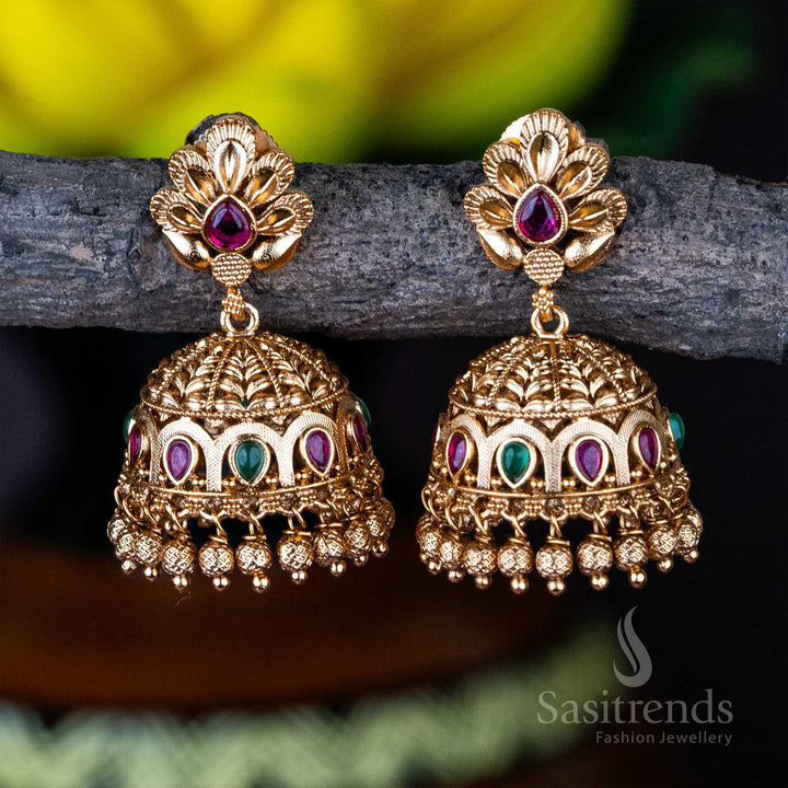 Traditional Temple Wear Premium Matt Gold Plated Floral Designer Kemp Stone Small Jhumka Earrings - Sasitrends