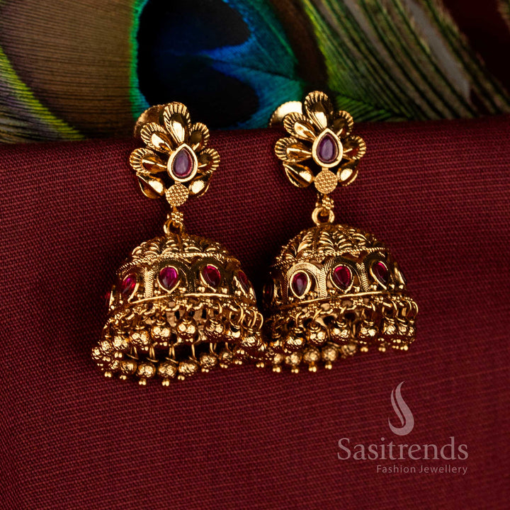 Bridal Temple Wear Premium Matte Gold Plated Floral Designer Kemp Ruby Stone Small Jhumka Earrings - Sasitrends