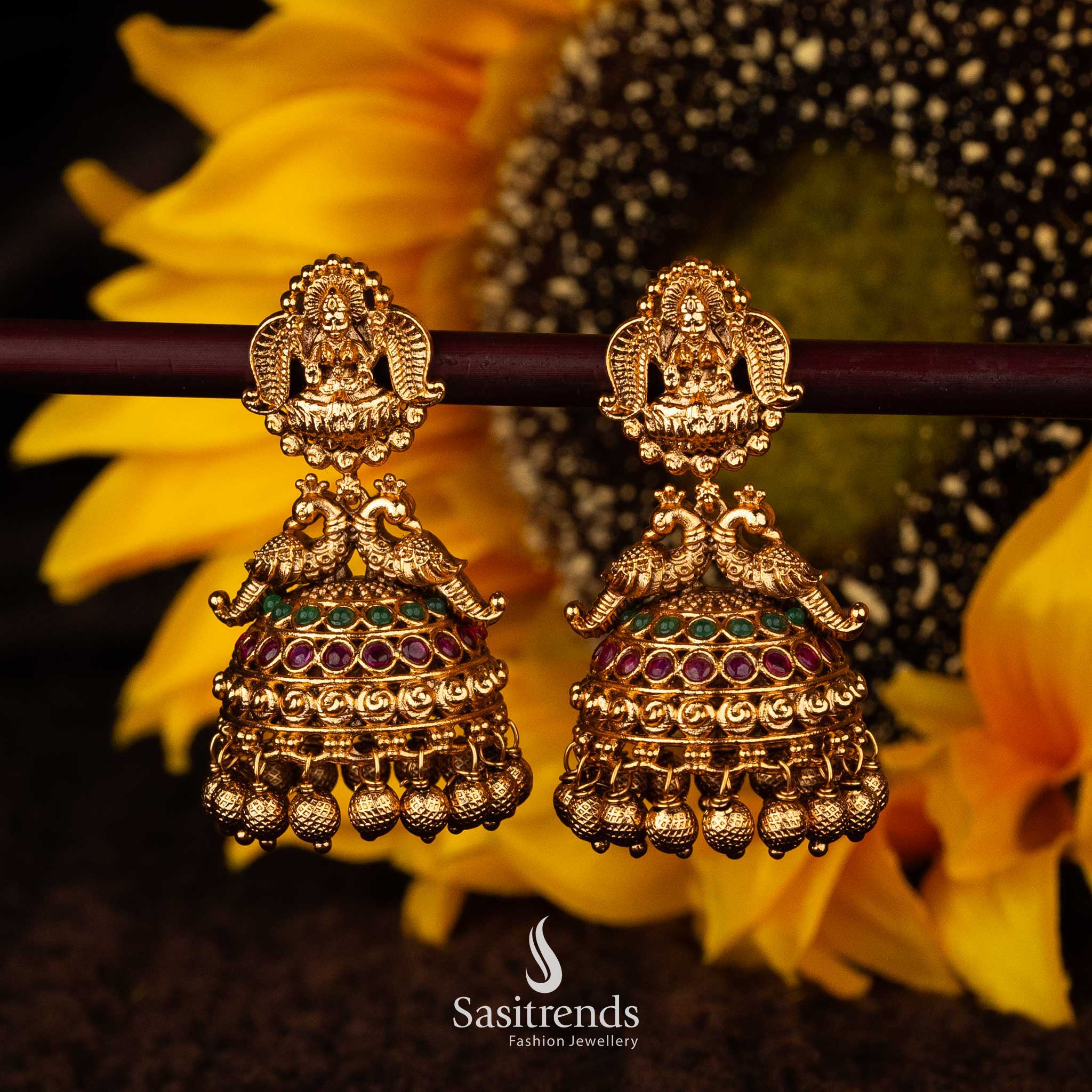 Temple Bridal Jhumka Earrings with Lakshmi and Peacock Sasitrends