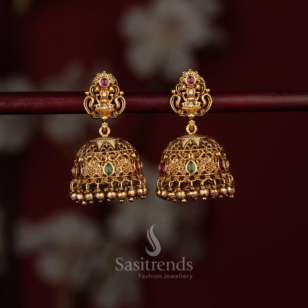 Traditional temple earrings in matte gold with ruby GREEN accents and bead drops