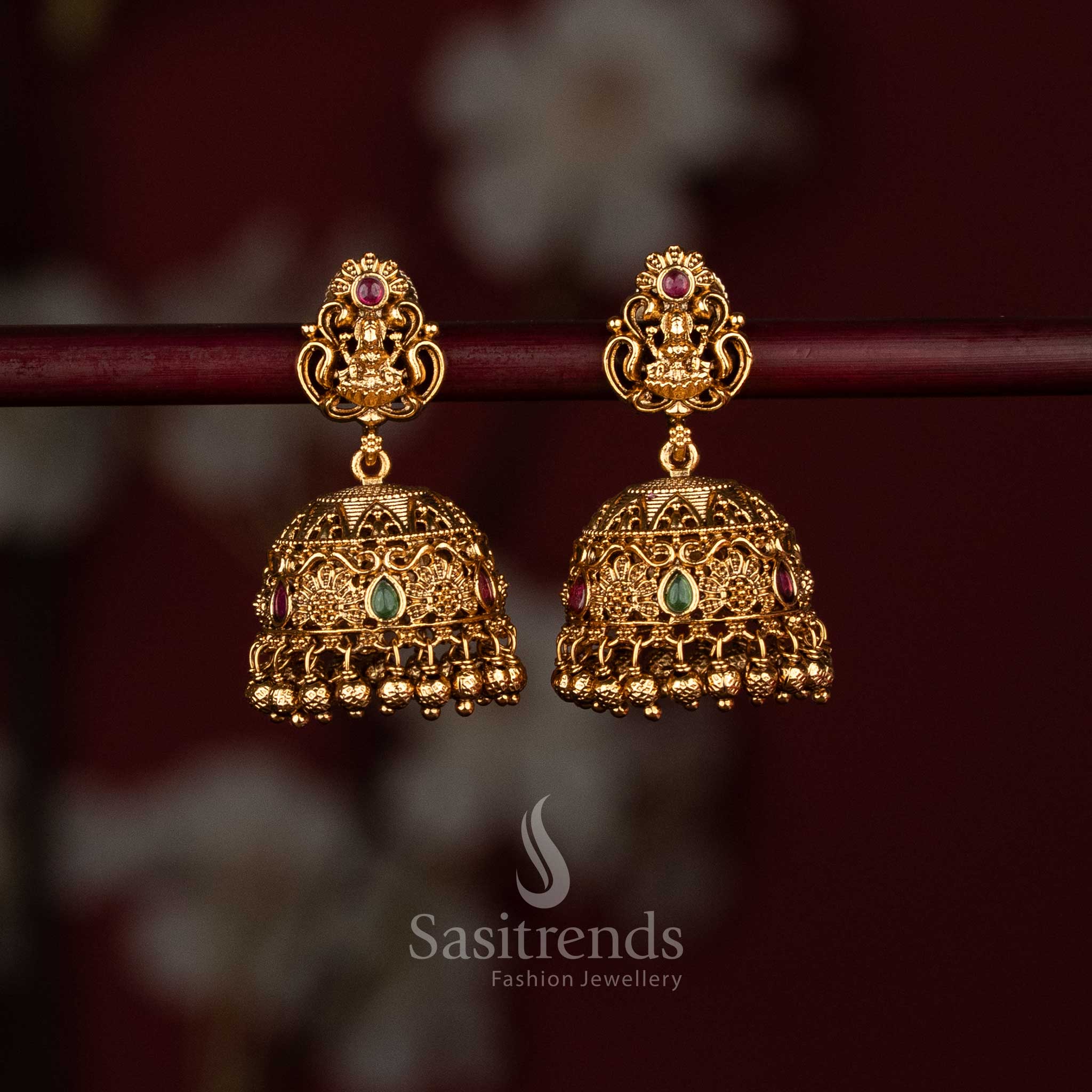 Traditional temple earrings in matte gold with ruby GREEN accents and bead drops