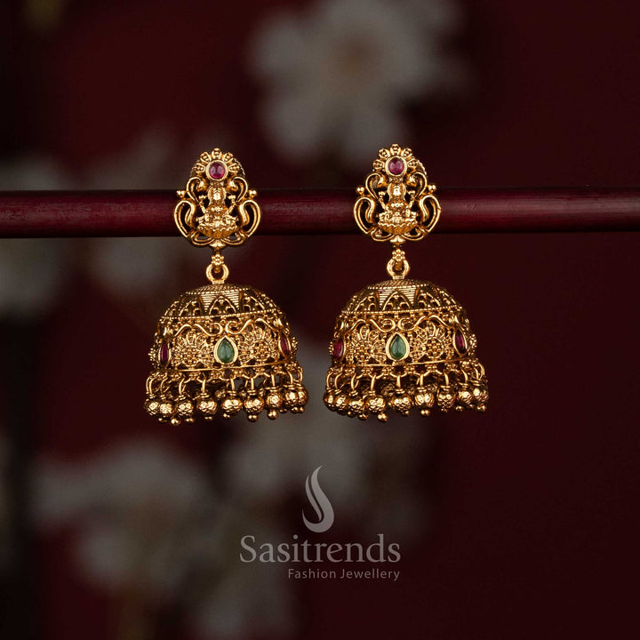 Traditional temple earrings in matte gold with ruby GREEN accents and bead drops