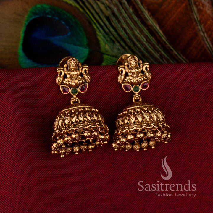 Premium Temple Matte Gold Plated Goddess Lakshmi Motif Jhumka Earrings with Cluster Beads for Wedding Wear