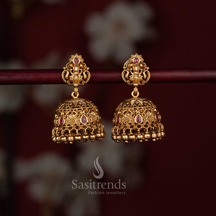 Grand Premium Temple Matte Gold-Plated Jhumkas Earrings with Ruby Stones & Hanging Golden Beads