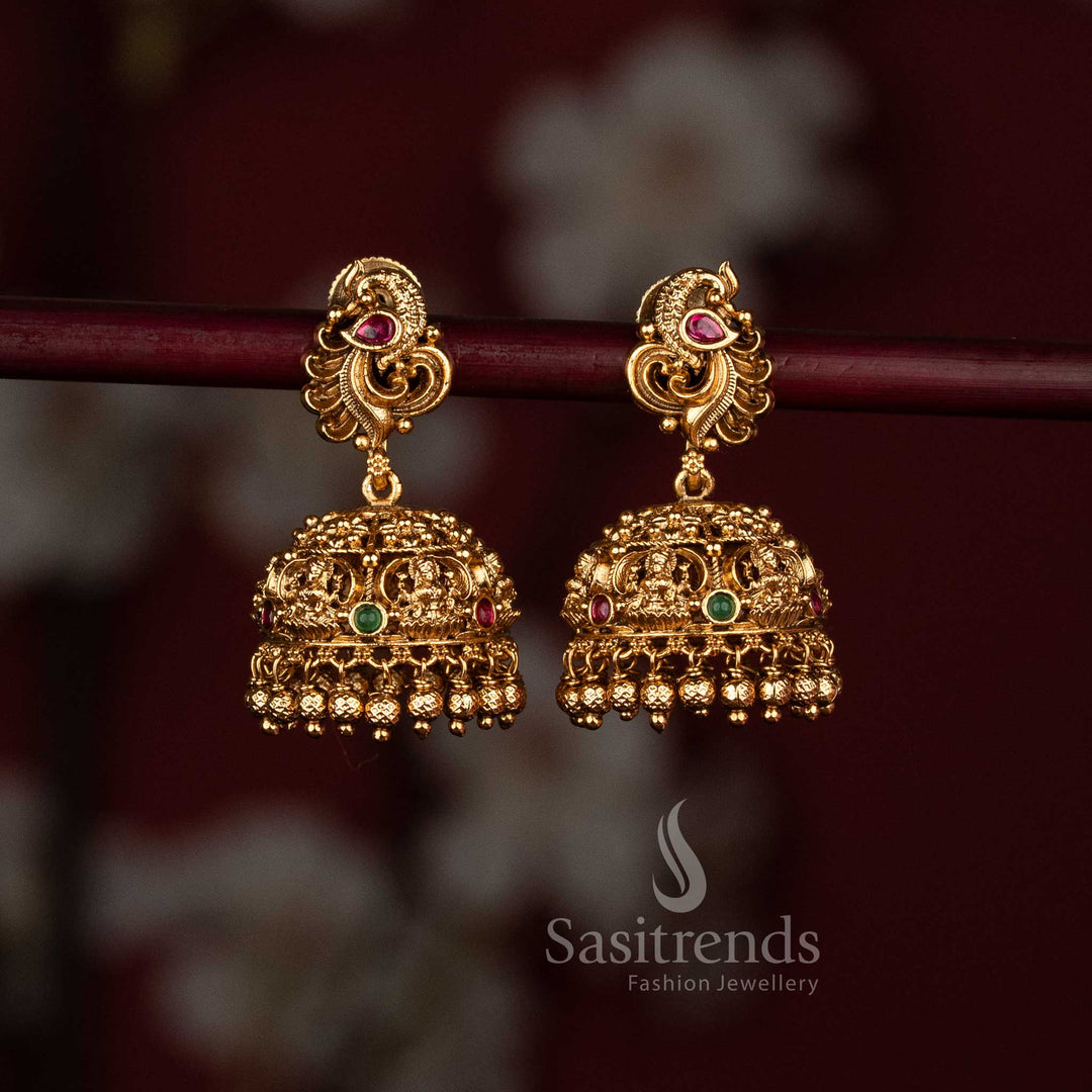 Premium matte gold temple jhumkas with intricate design and hanging golden beads - Sasitrends