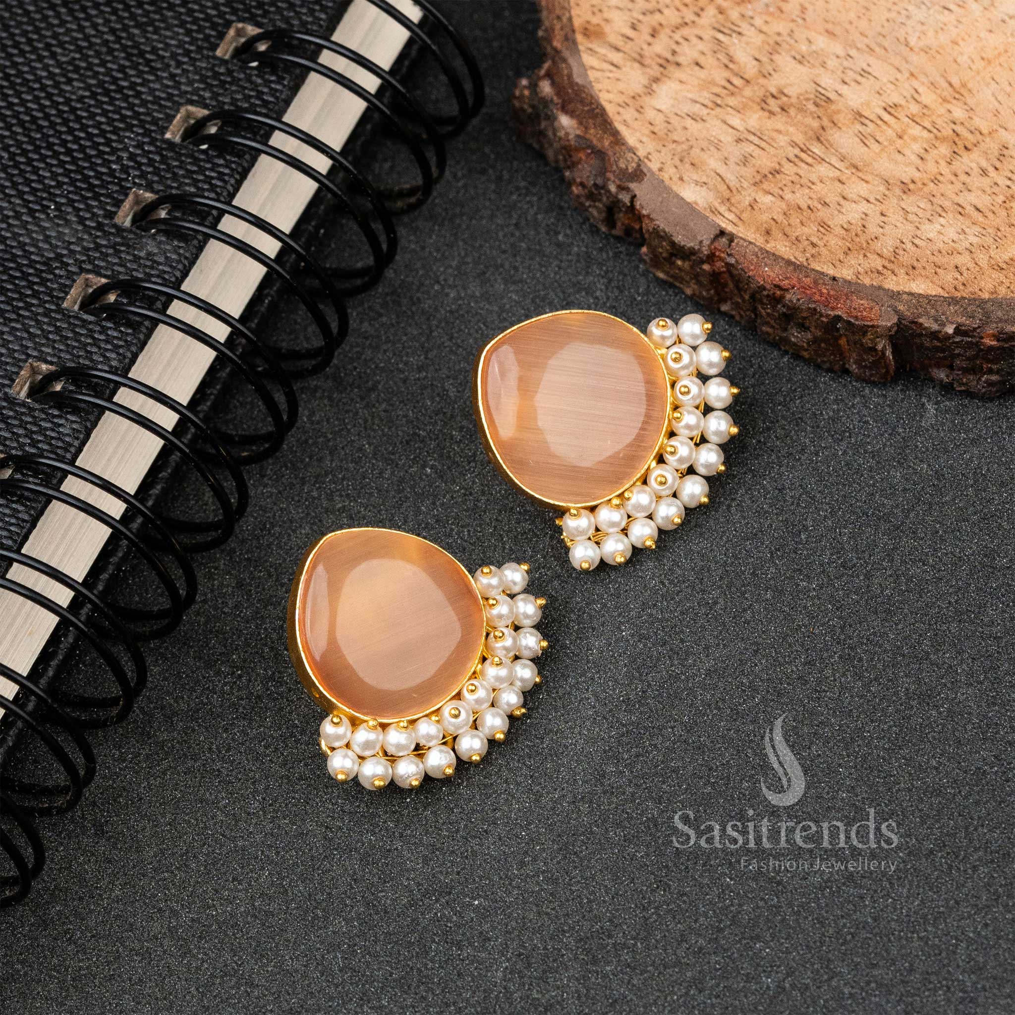 Daily Wear Gold Plated Pearl Hanging Monalisa Stone Studded Earrings