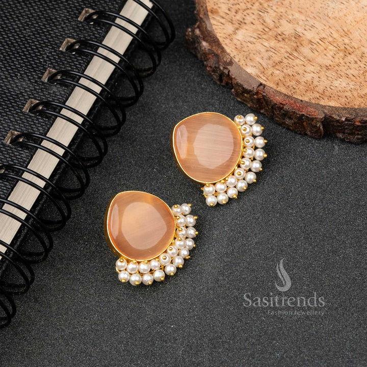 Daily Wear Gold Plated Pearl Hanging Monalisa Stone Studded Earrings