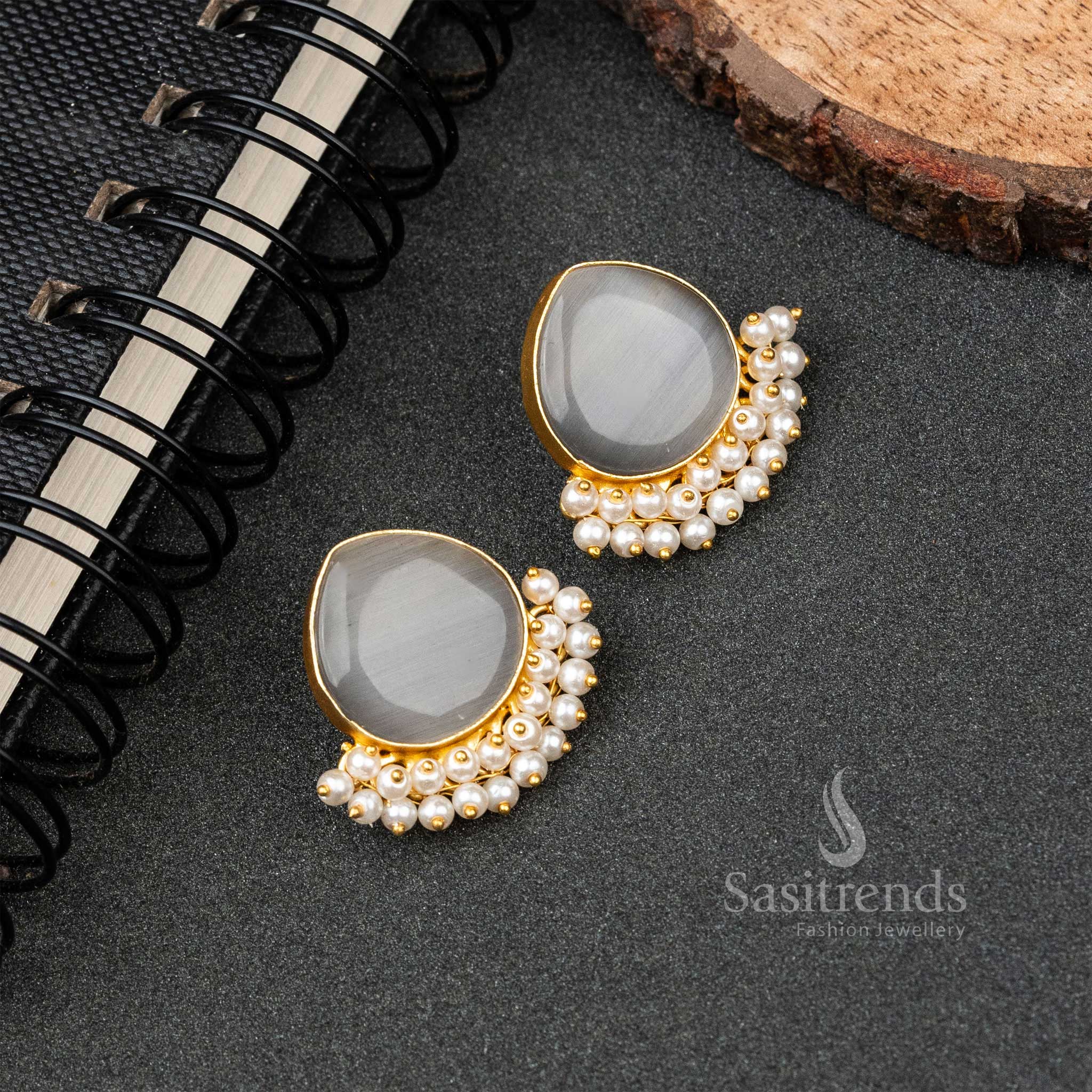 Gold Plated Pearl Hanging Monalisa Stone Studded Earrings