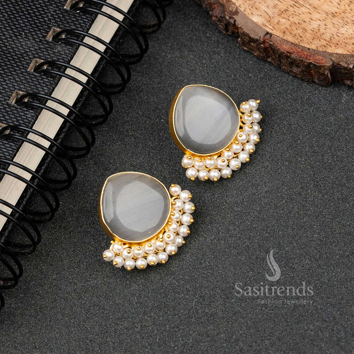 Gold Plated Pearl Hanging Monalisa Stone Studded Earrings