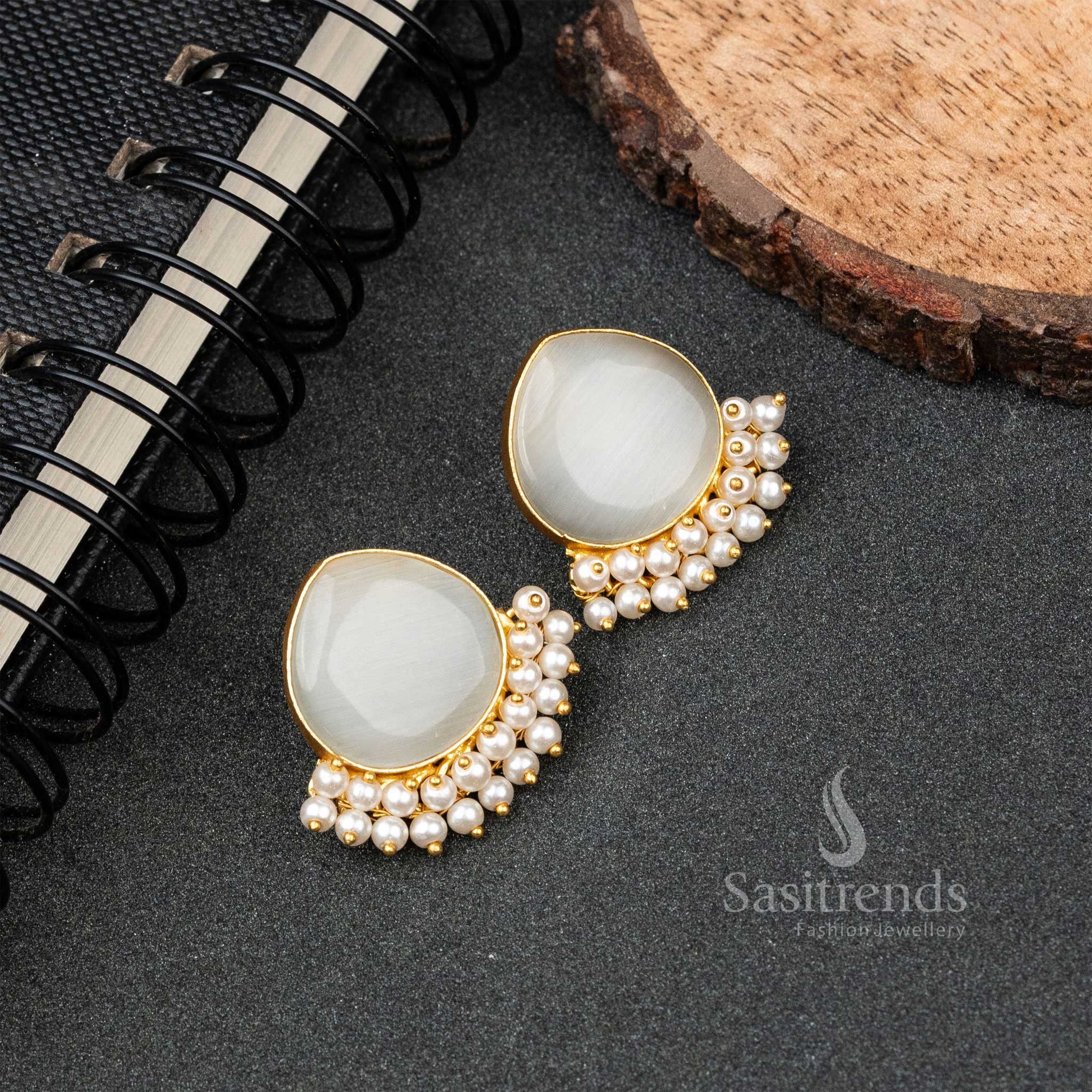 Latest Gold Plated Pearl Hanging Monalisa Stone Studded Earrings