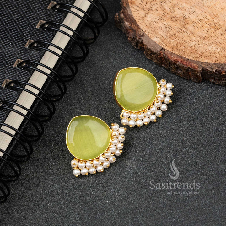 Party Wear Gold Plated Pearl Hanging Monalisa Stone Studded Earrings