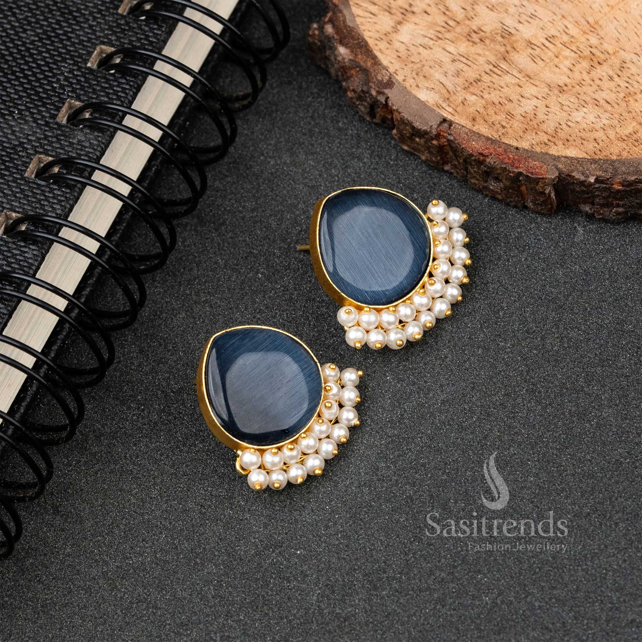 Special Gold Plated Pearl Hanging Monalisa Stone Studded Push Back  Earrings