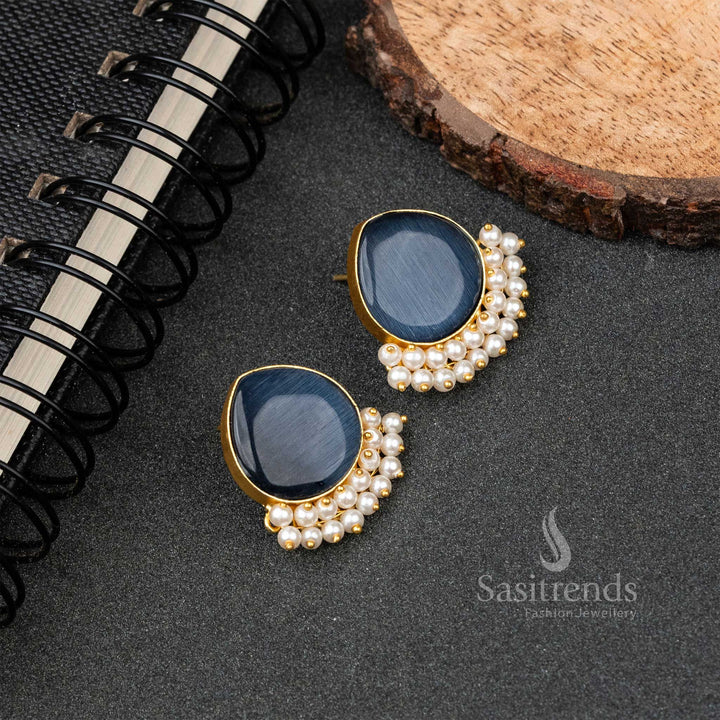 Special Gold Plated Pearl Hanging Monalisa Stone Studded Push Back  Earrings