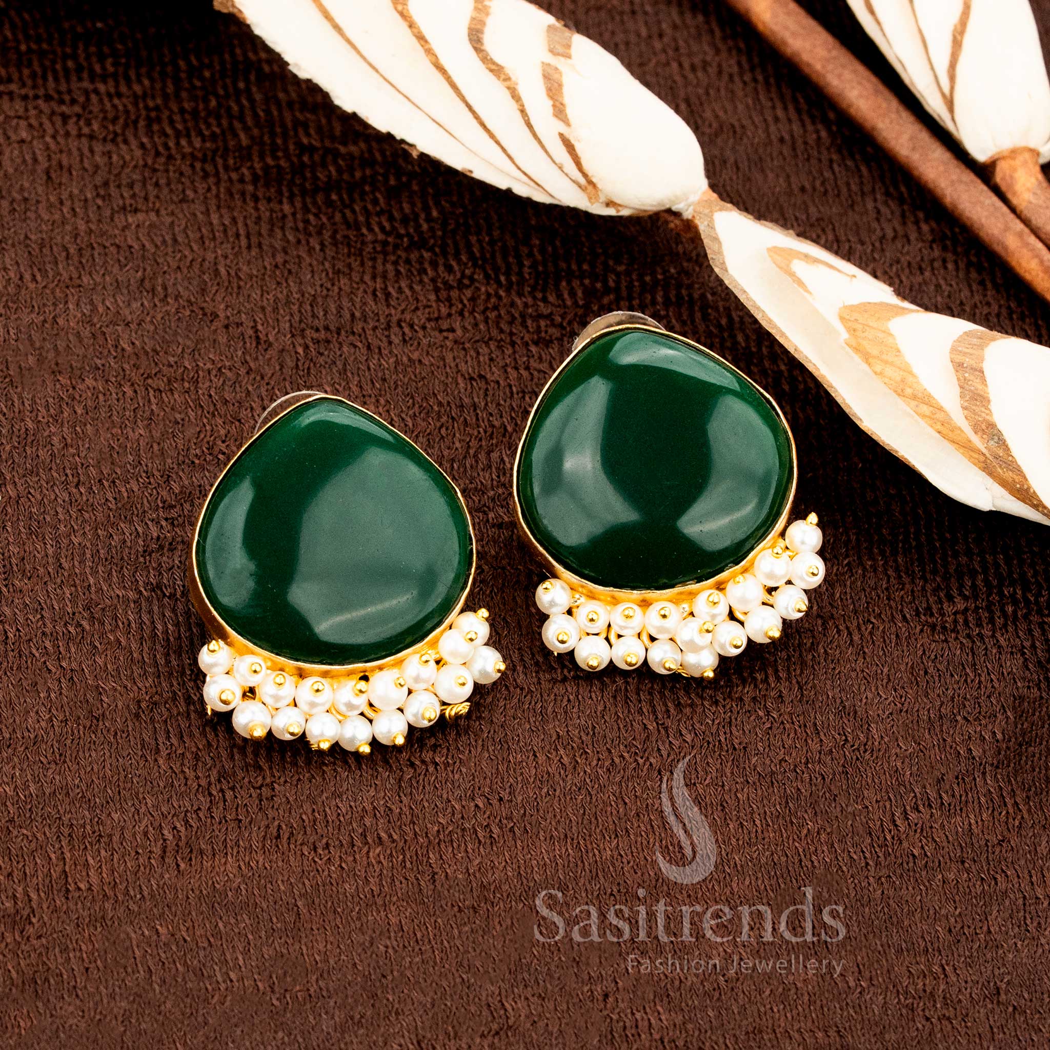 Elegant gold plated green Monalisa stone and pearl earrings designed for women, radiating traditional festive jewellery glow with refined artistry by Sasitrends