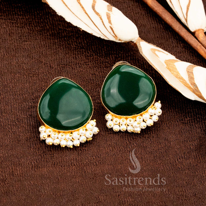 Elegant gold plated green Monalisa stone and pearl earrings designed for women, radiating traditional festive jewellery glow with refined artistry by Sasitrends