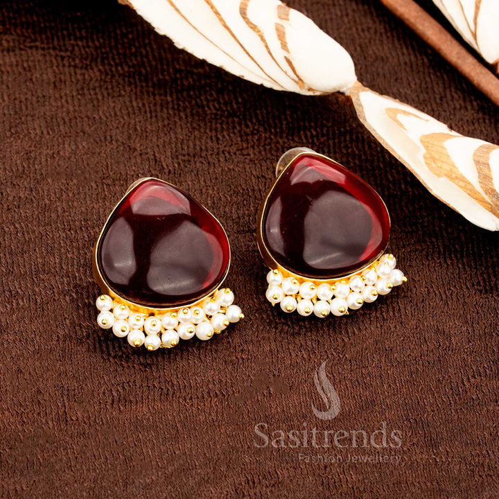 Regal traditional gold polished Maroon Monalisa stone pearl earrings, designed for wedding wear elegance and opulent festive jewellery styling by Sasitrends