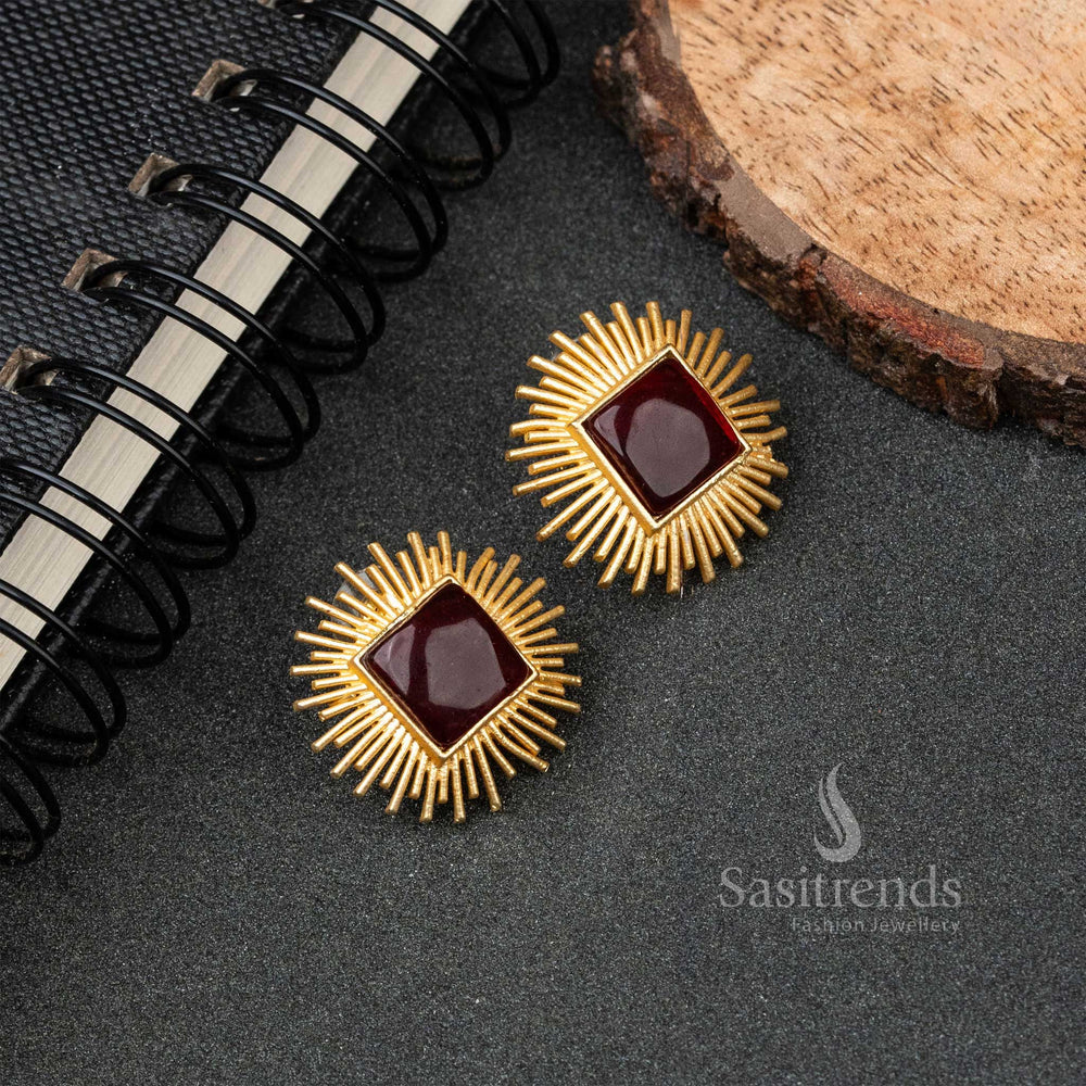 Beautiful Gold Plated Maroon Rectangle Monalisa Stone Push Back Earrings 