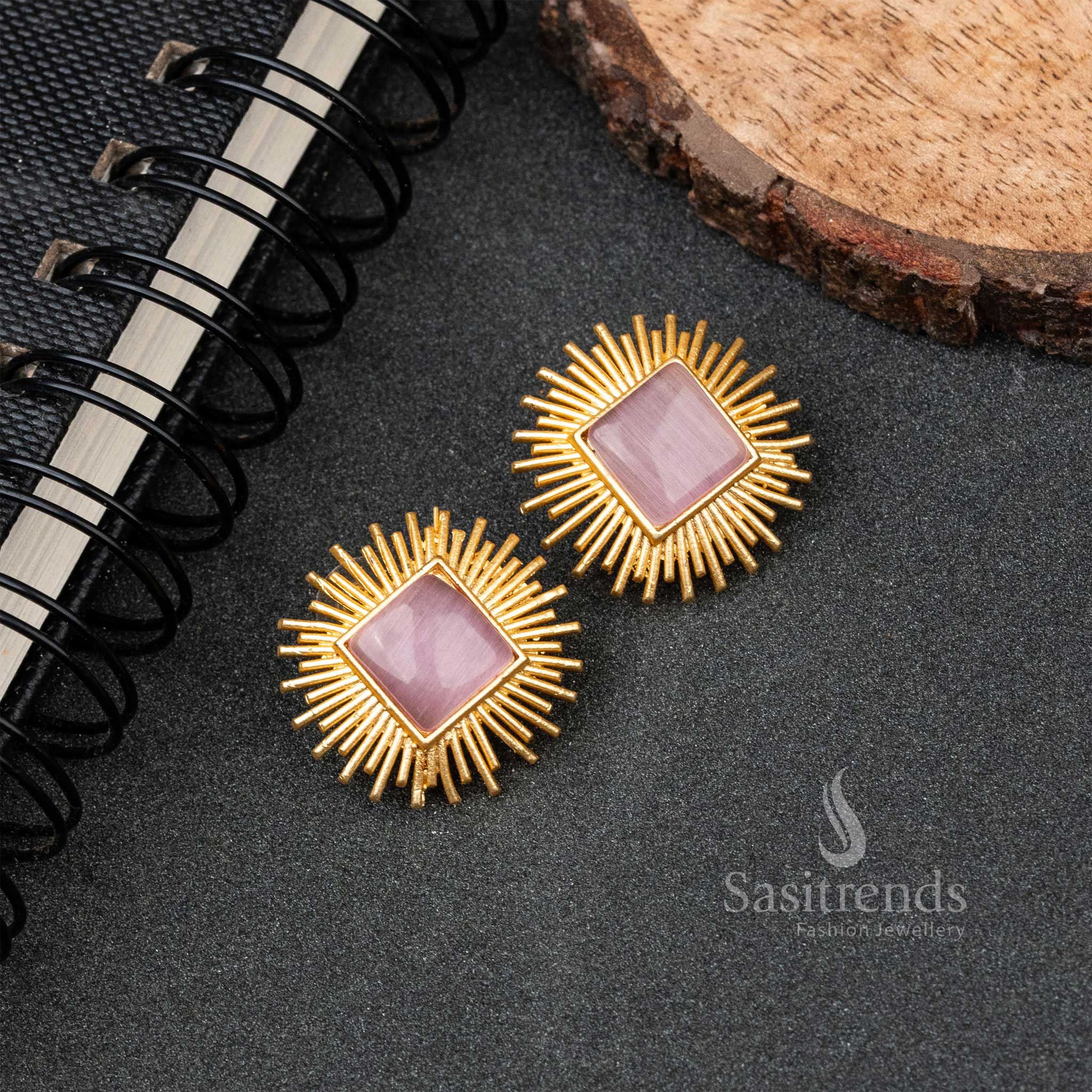 Party Wear Gold Plated Pink Rectangle Monalisa Stone Push Back Earrings 