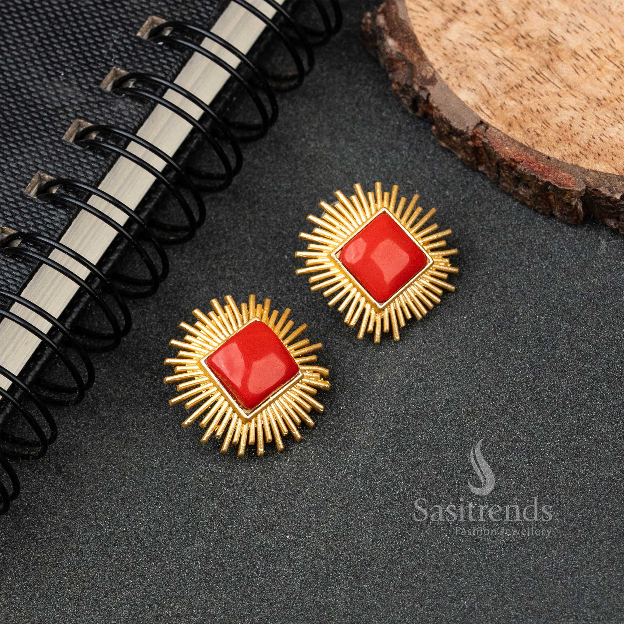 Sun Designer Gold Plated Rectangle Monalisa Stone Push Back Earrings 