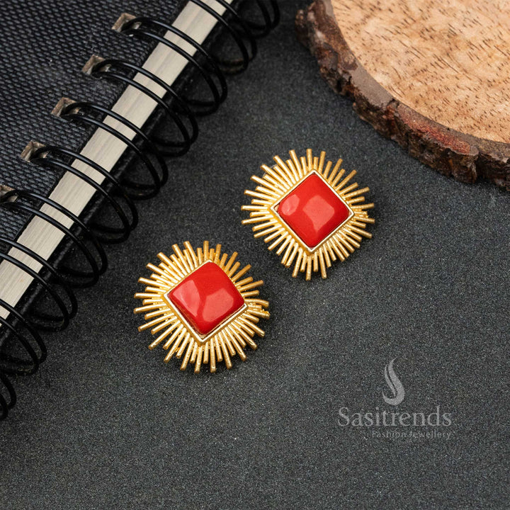 Sun Designer Gold Plated Rectangle Monalisa Stone Push Back Earrings 