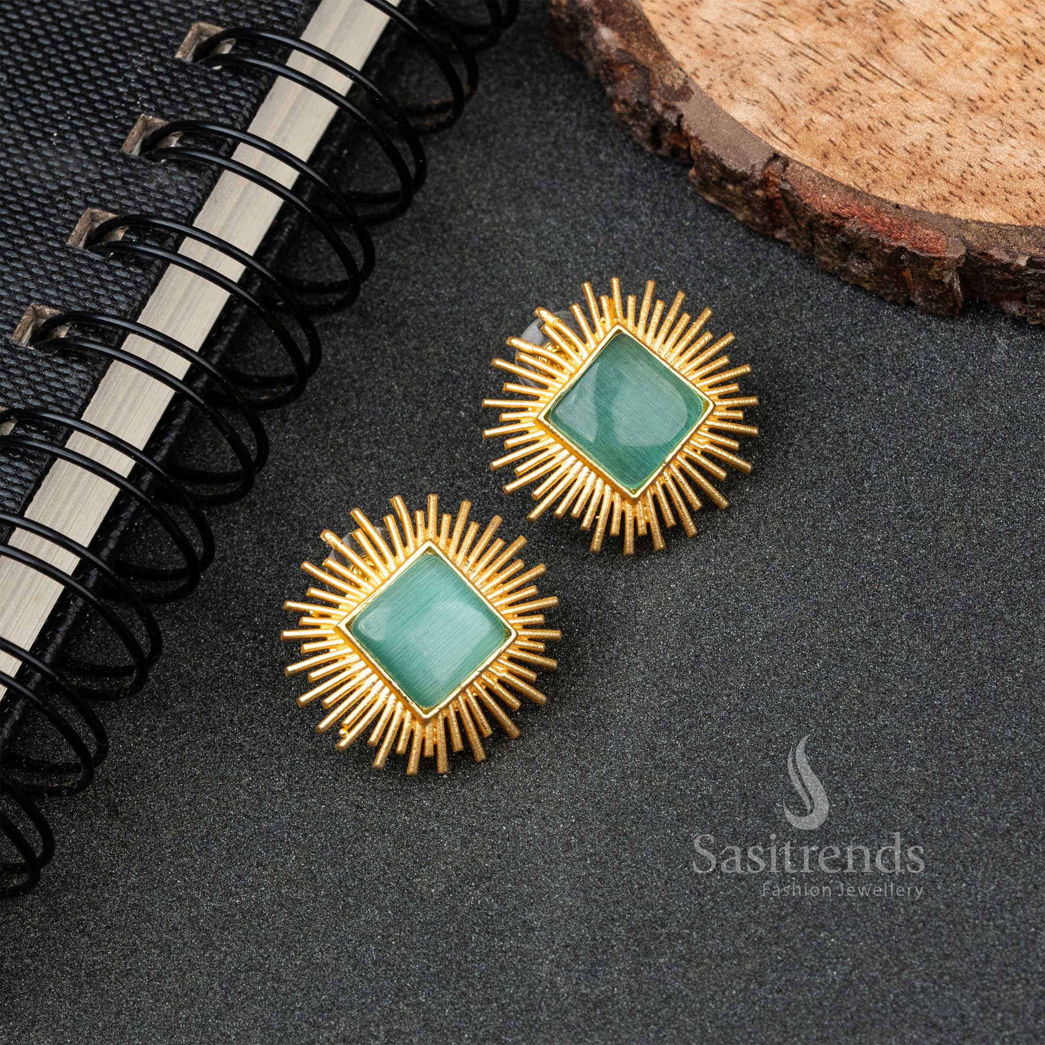 Update Style Gold Plated Rectangle Monalisa Stone Push Back Earrings 