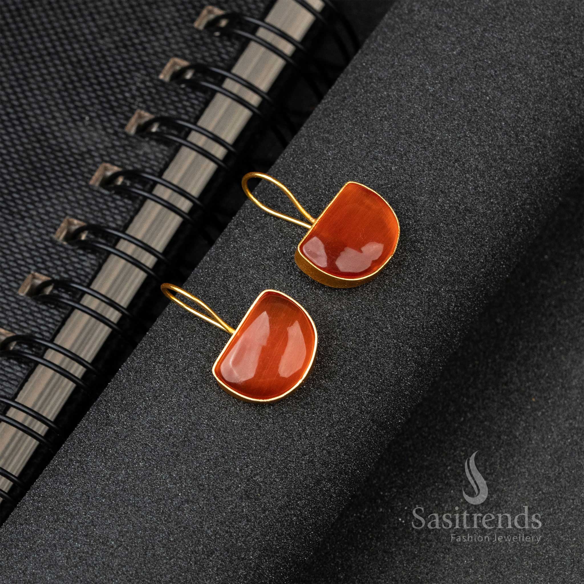 Beautiful Gold Plated Dark Peach Monalisa Stone Fish Hook Earrings 