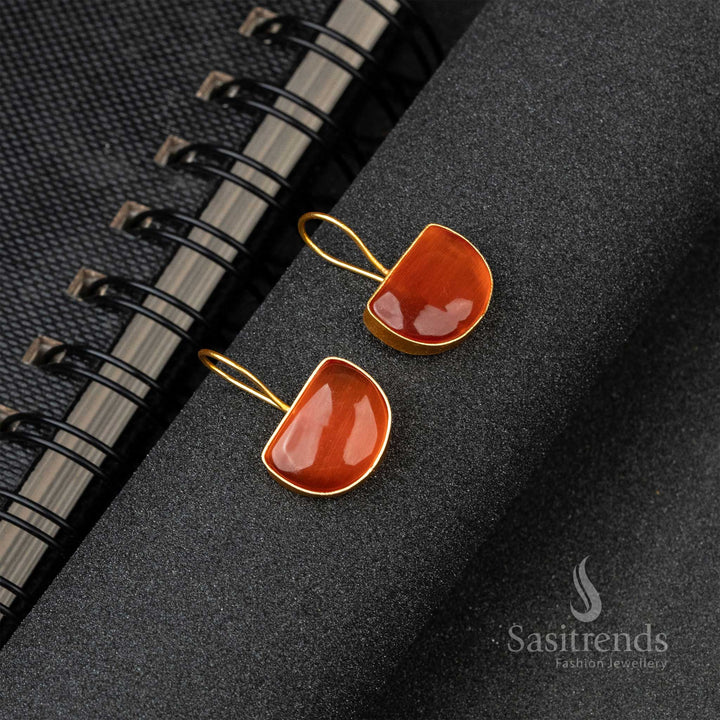 Beautiful Gold Plated Dark Peach Monalisa Stone Fish Hook Earrings 