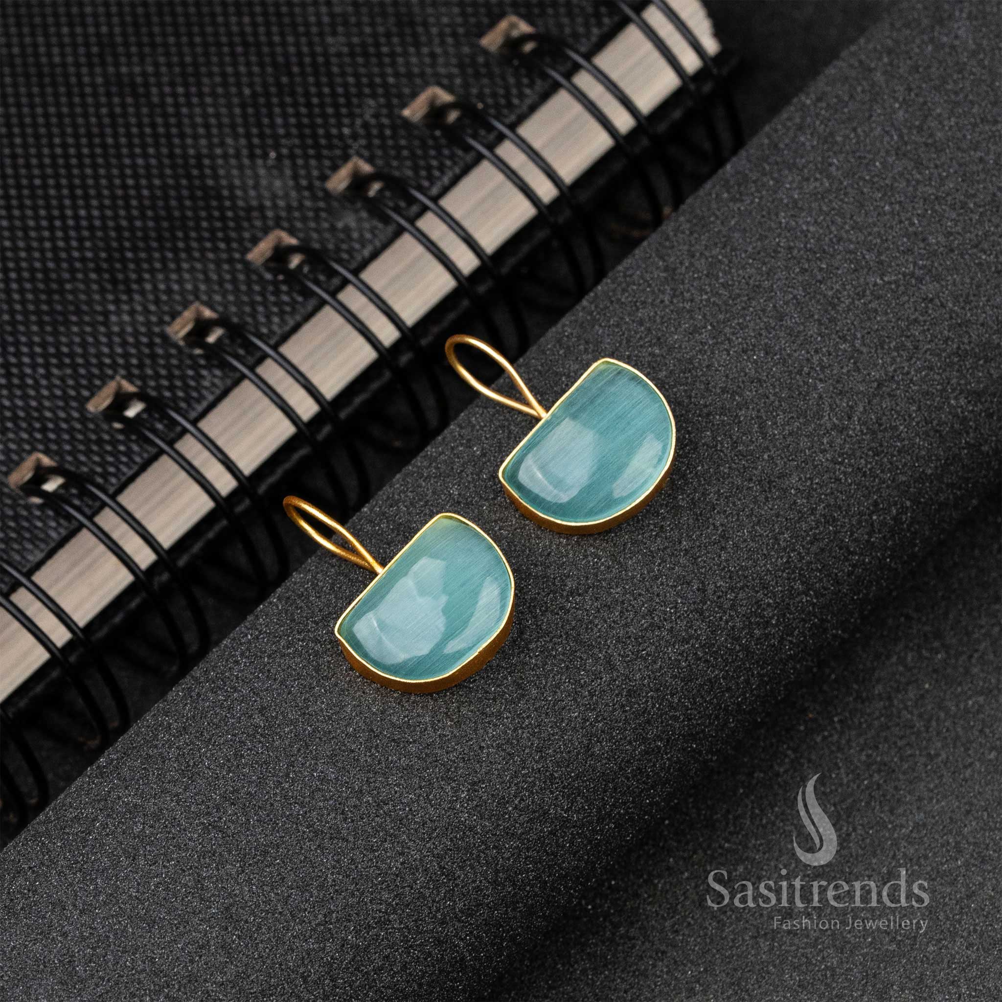 Gold Plated Aqua Blue Monalisa Stone Fish Hook Earrings 