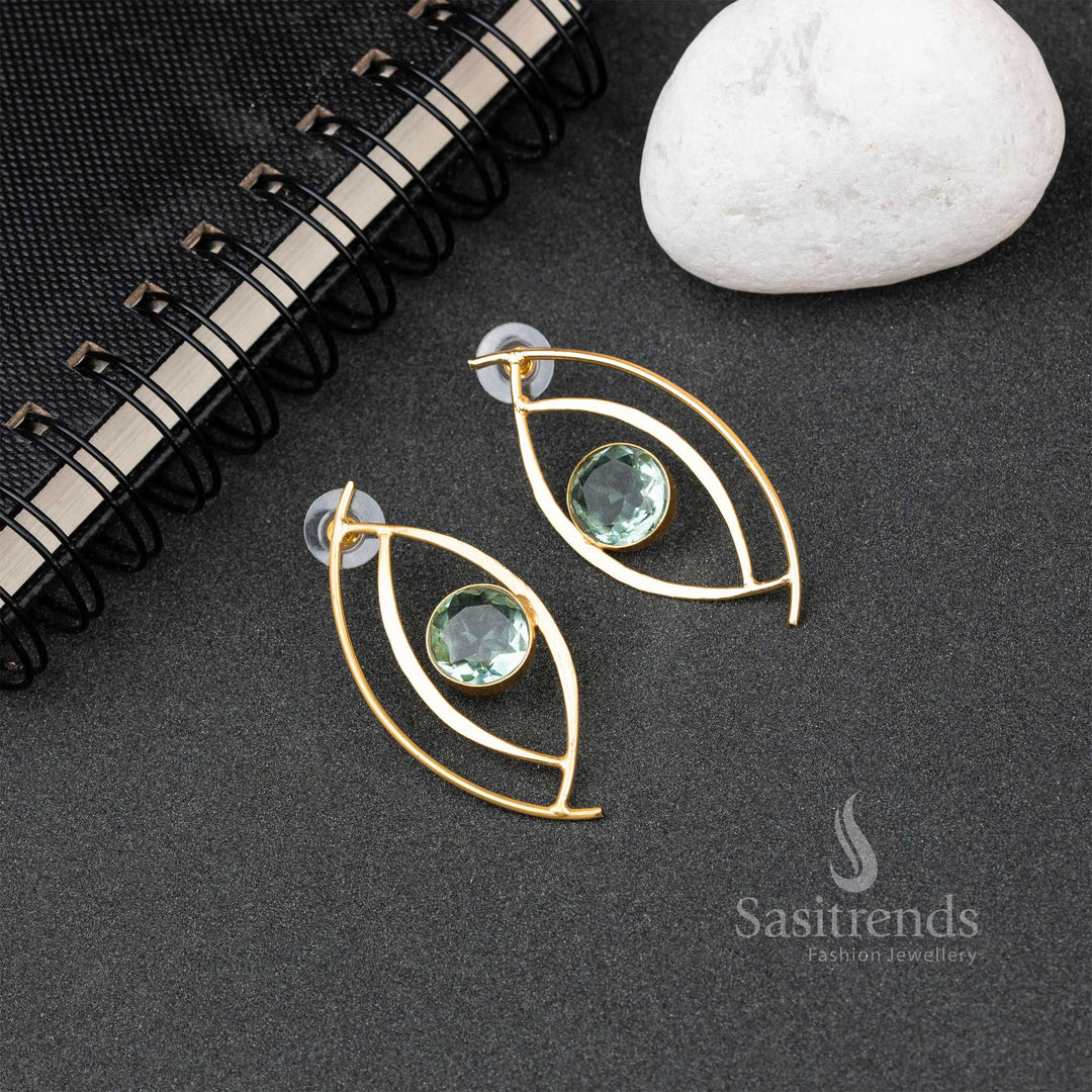 Gold Plated Aqua Blue Monalisa Stone Studded Push Back Eye Pattern Earrings