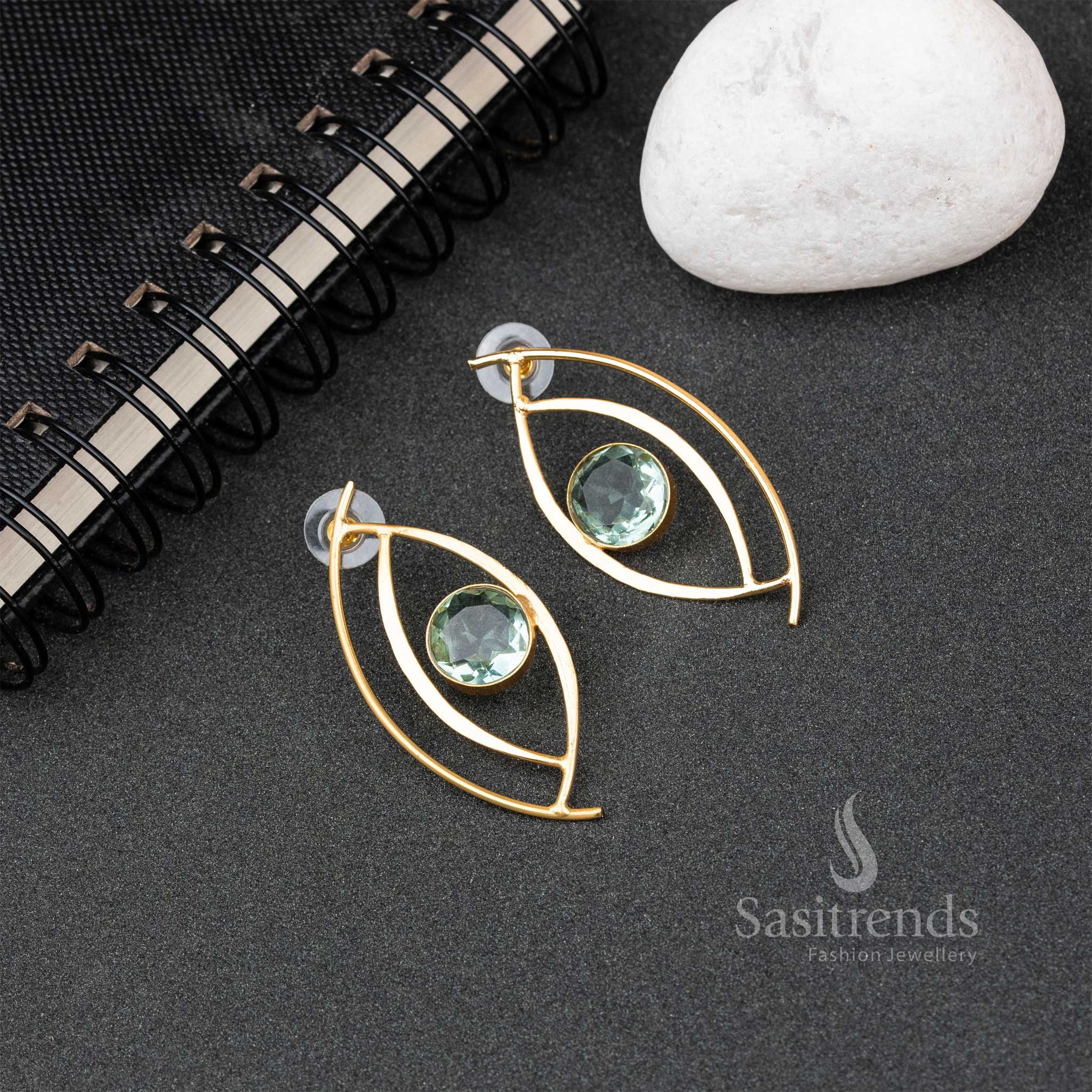 Gold Plated Aqua Blue Monalisa Stone Studded Push Back Eye Pattern Earrings