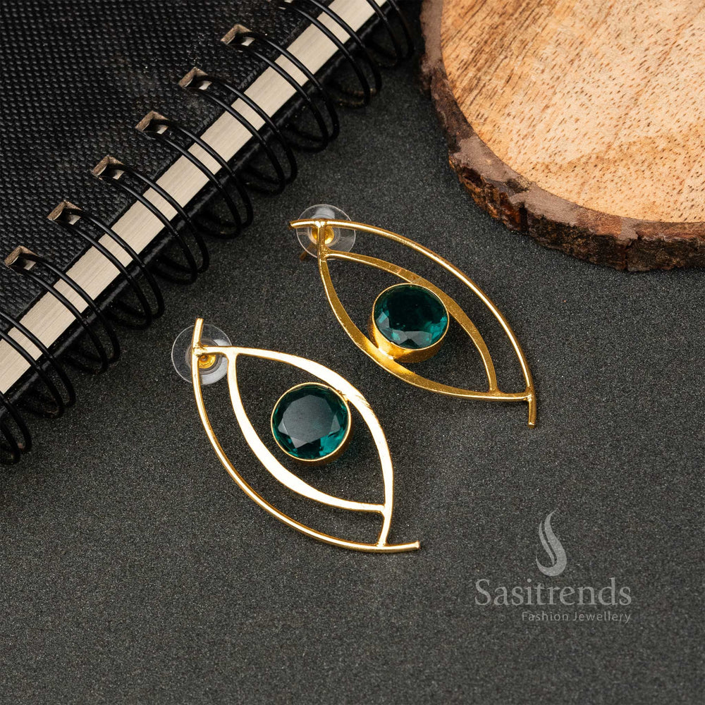Elegant Gold Plated Topaz Blue Monalisa Stone Studded Push Back Eye Pattern Earrings
