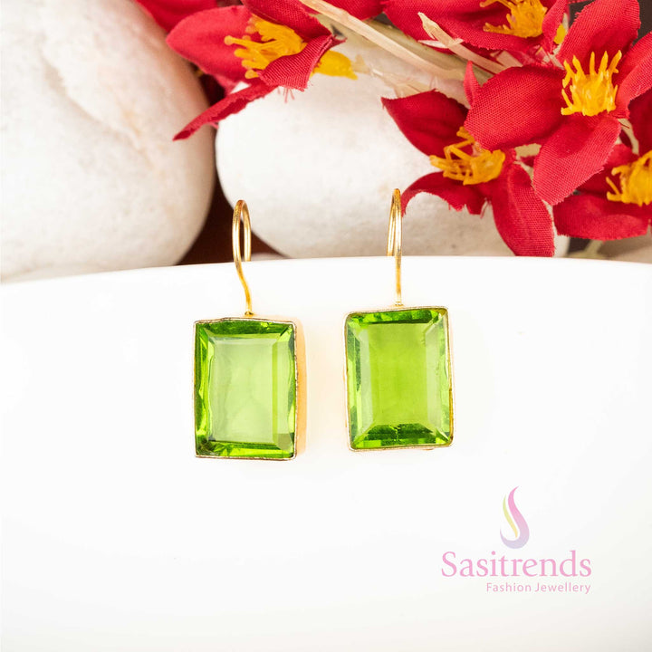 Opulent Gold Plated Rectangular Monalisa Stone Earrings - Office Elegance