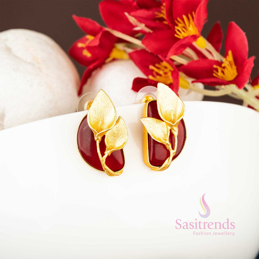 Elegant Gold Plated Push Back Leaf Pattern Maroon Stone Earrings 